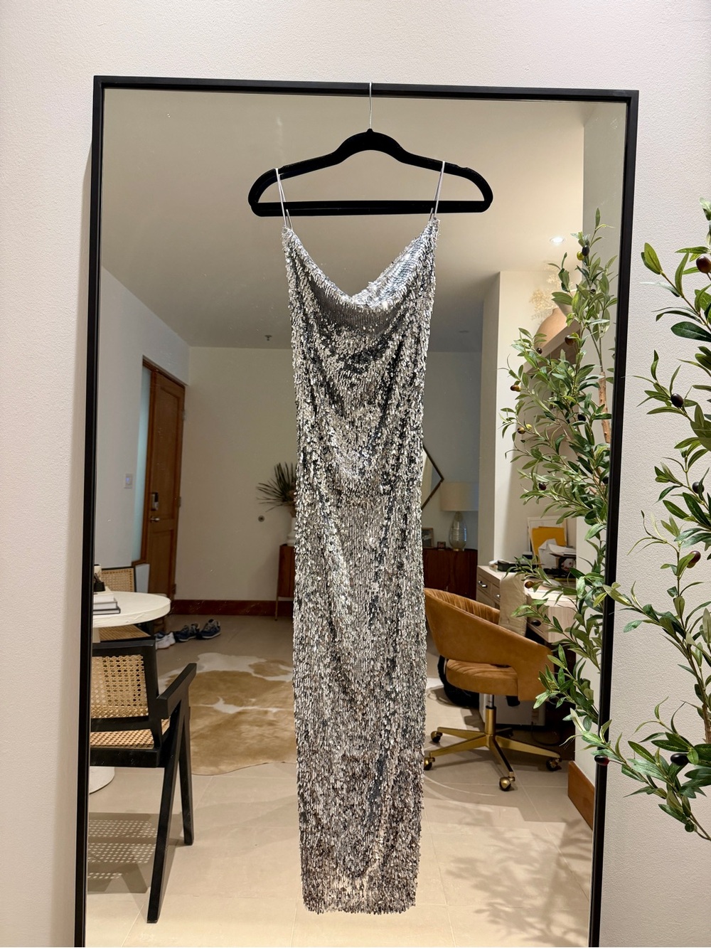 Zara Silver Sequin Cowl Midi Slip Dress